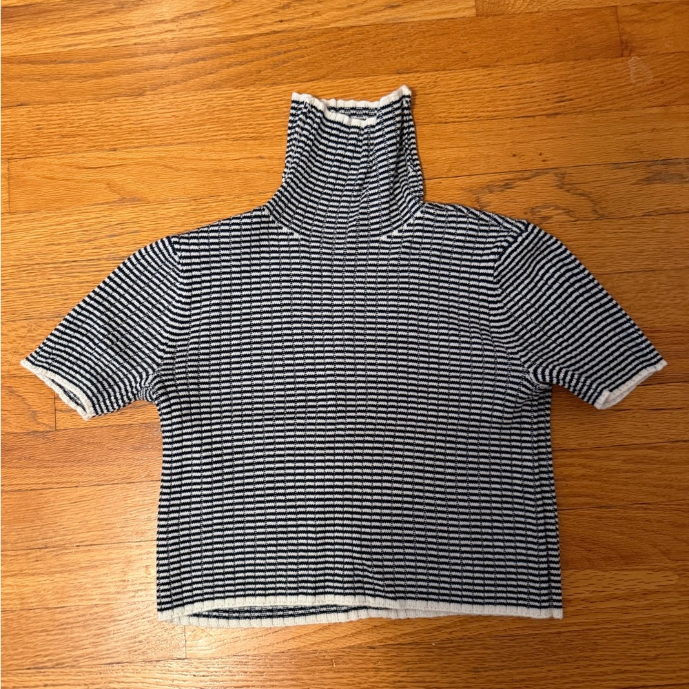 STAUD Black and White Short Sleeve Turtleneck Top
